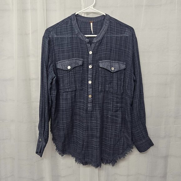 Free People Blue Plaid Blouse Peasant Boho Fringe Festival Grunge Hippie S - Picture 8 of 12